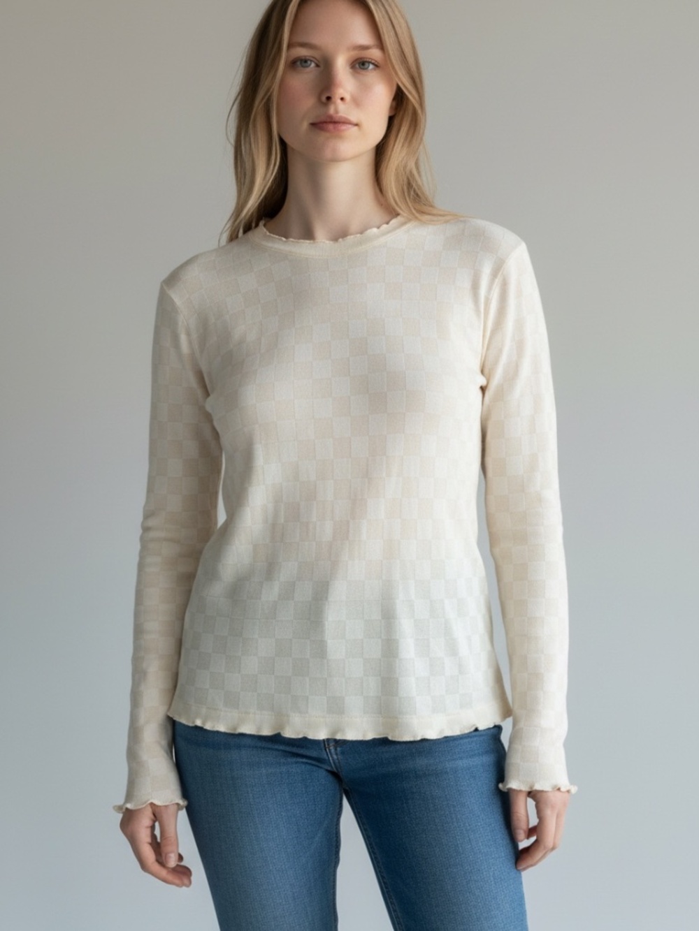 Sonoma Goods For Life Checked Crewneck Long Sleeve Top Beige Cream Medium
